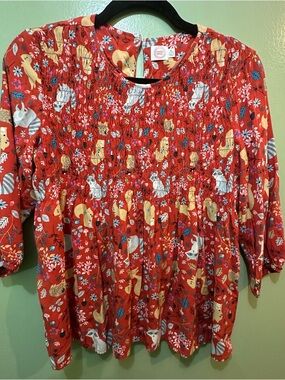 Red/orange Floral Woodland Animal Smocked Top